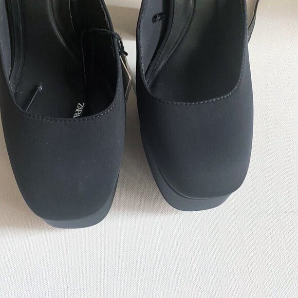 NWT Black Chunky Platform Nylon Ankle Wrap Closure heels 40 - Picture 8 of 11